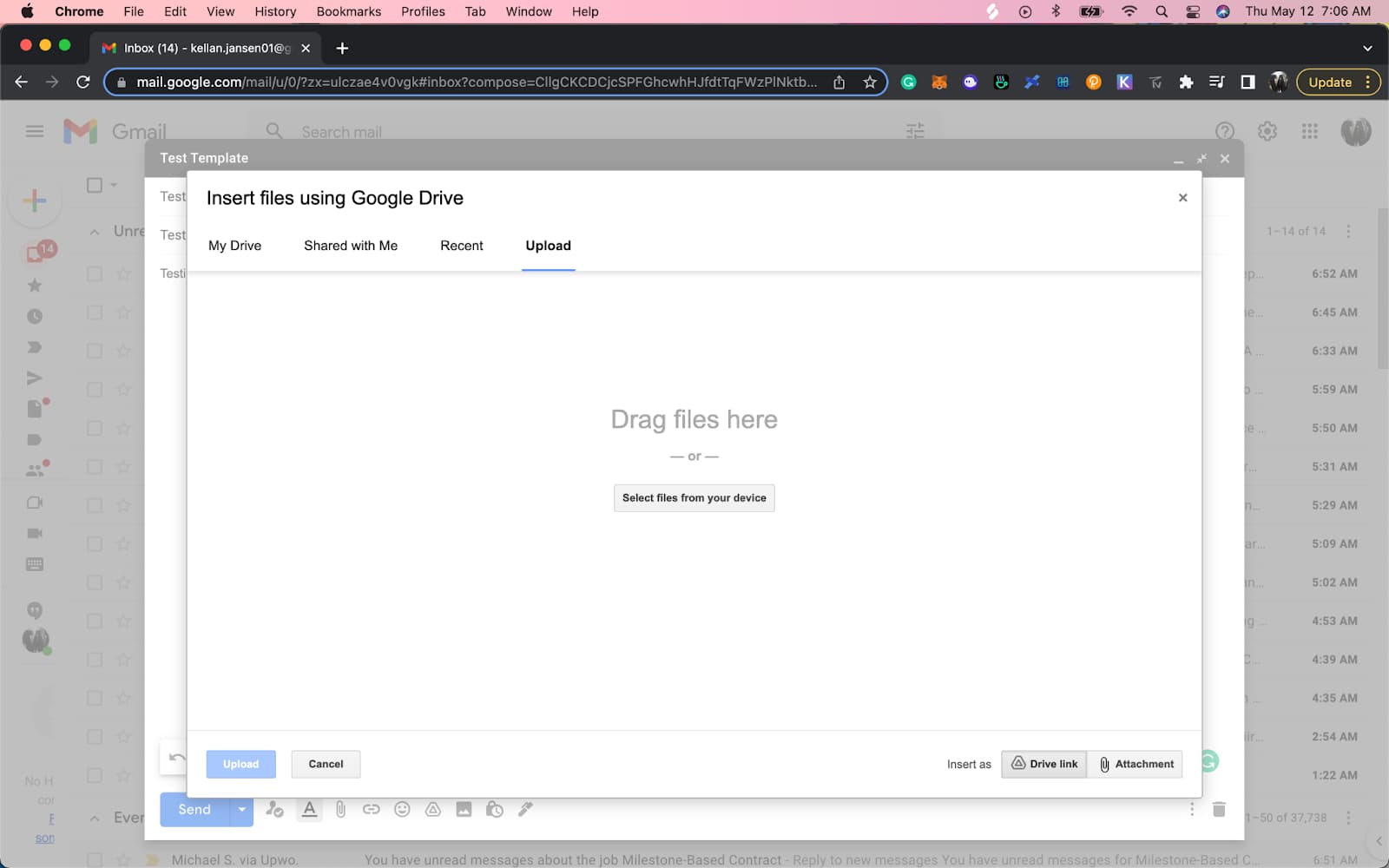 Gmail Insert files using Google Drive dialog open to the Upload tab