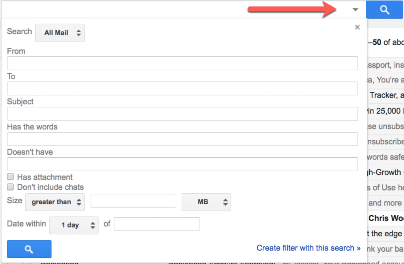 Gmail advanced search panel with sender, subject, attachment, size, and date criteria.