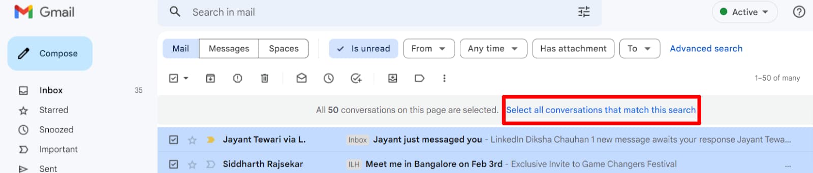 Gmail link to select all conversations matching the unread search.