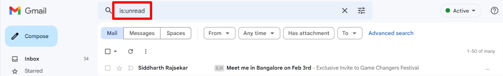 Gmail search field containing is:unread.
