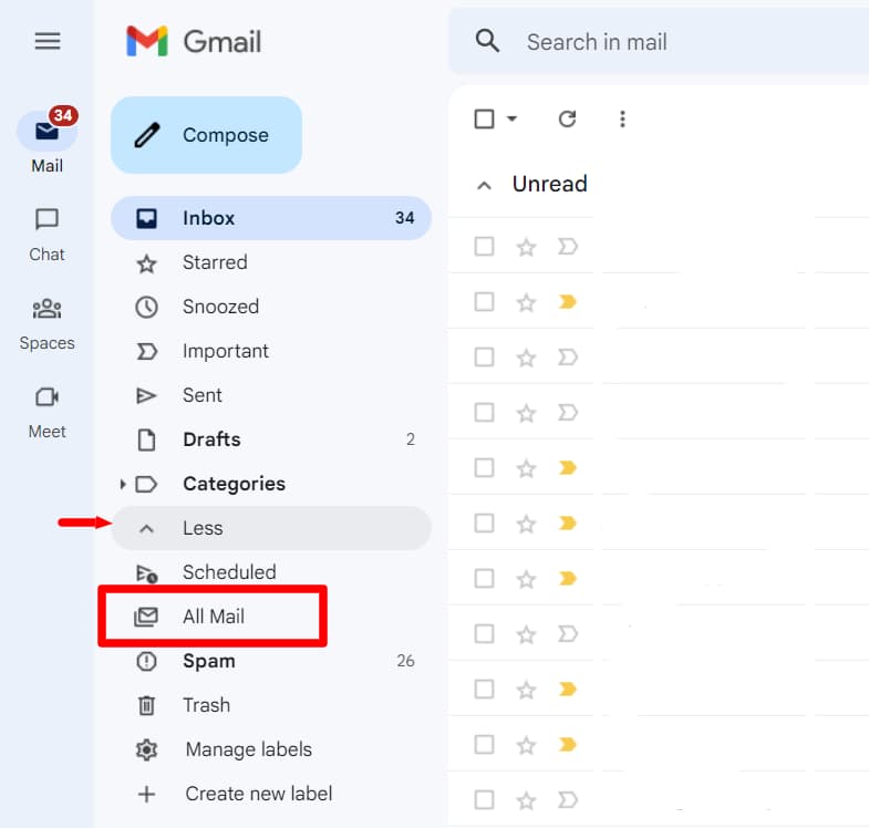 Gmail sidebar expanded with All Mail highlighted.