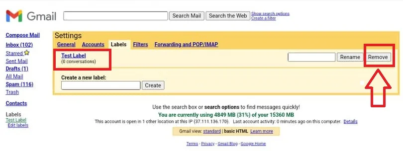 Basic HTML Gmail Labels settings with Test Label and its Remove button highlighted.