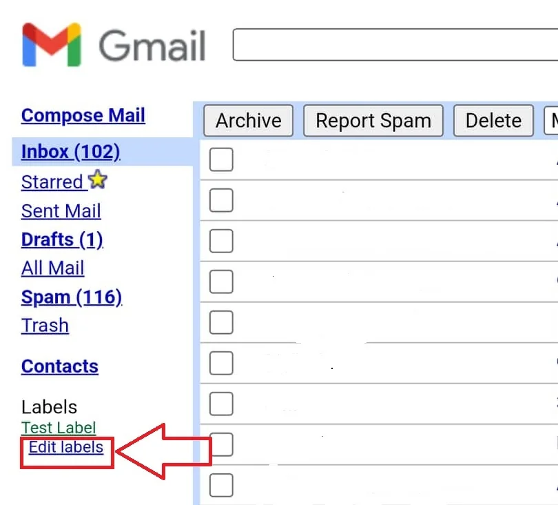 Basic HTML Gmail with the Edit labels link highlighted.