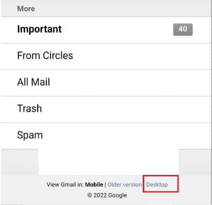 Mobile Gmail page with the Desktop view link highlighted.