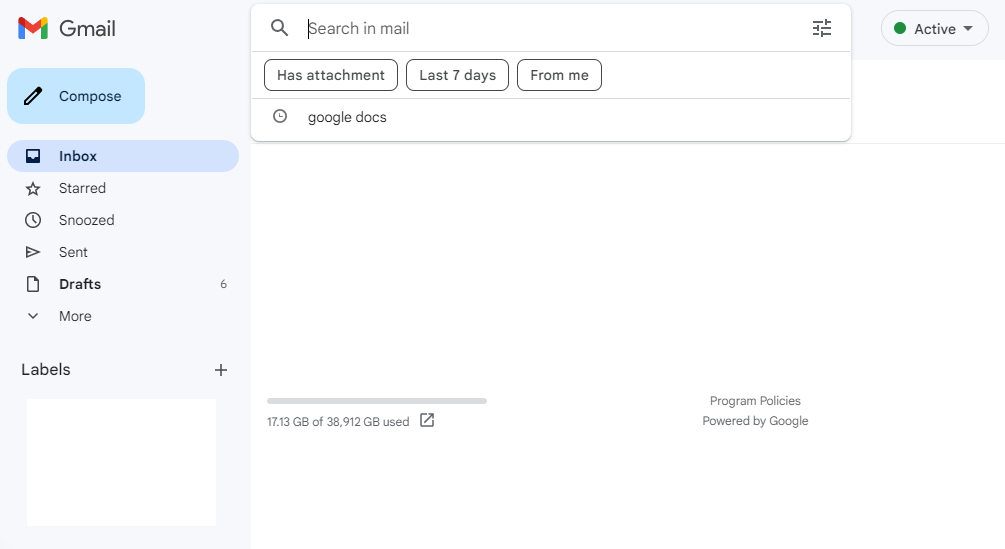 Gmail search field showing a previous google docs search.
