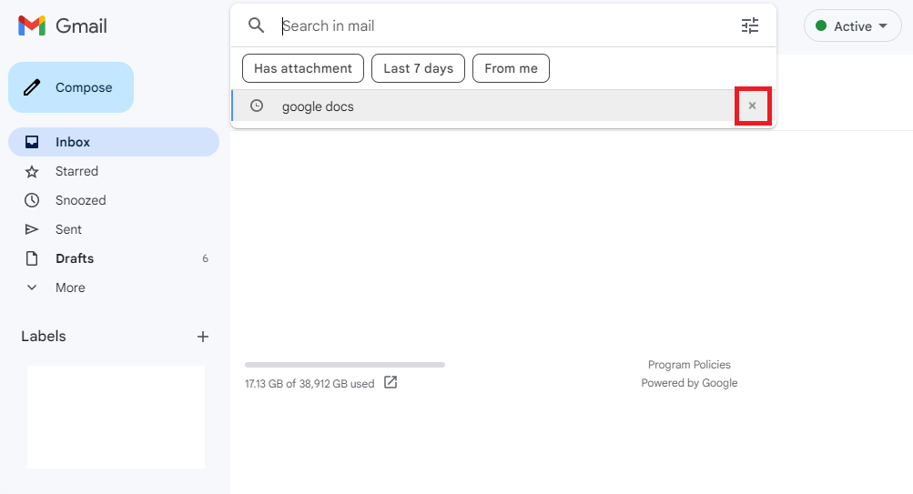 Gmail search-history entry with its remove button highlighted.