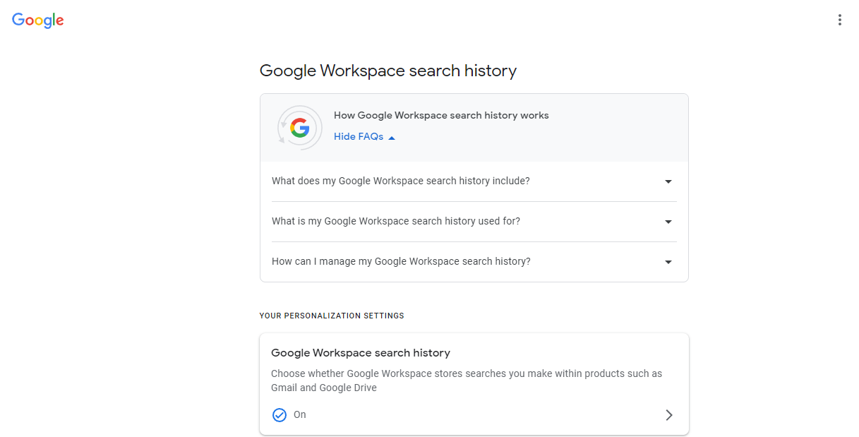 Google Workspace search history settings page.