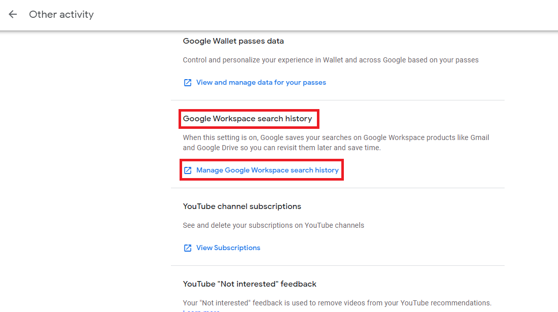Other activity page with Manage Google Workspace search history highlighted.