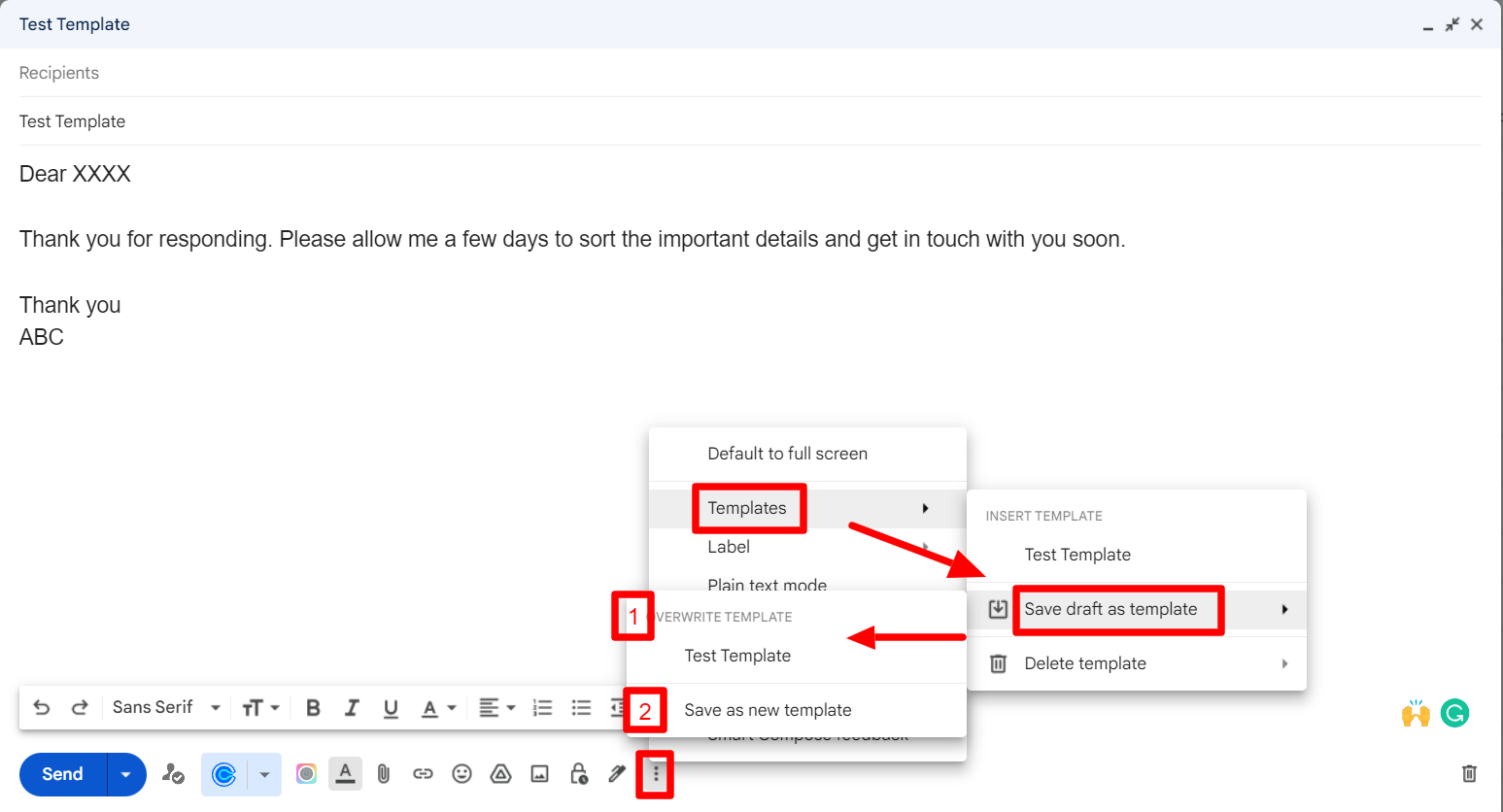 Gmail draft menu showing how to overwrite Test Template or save a new template