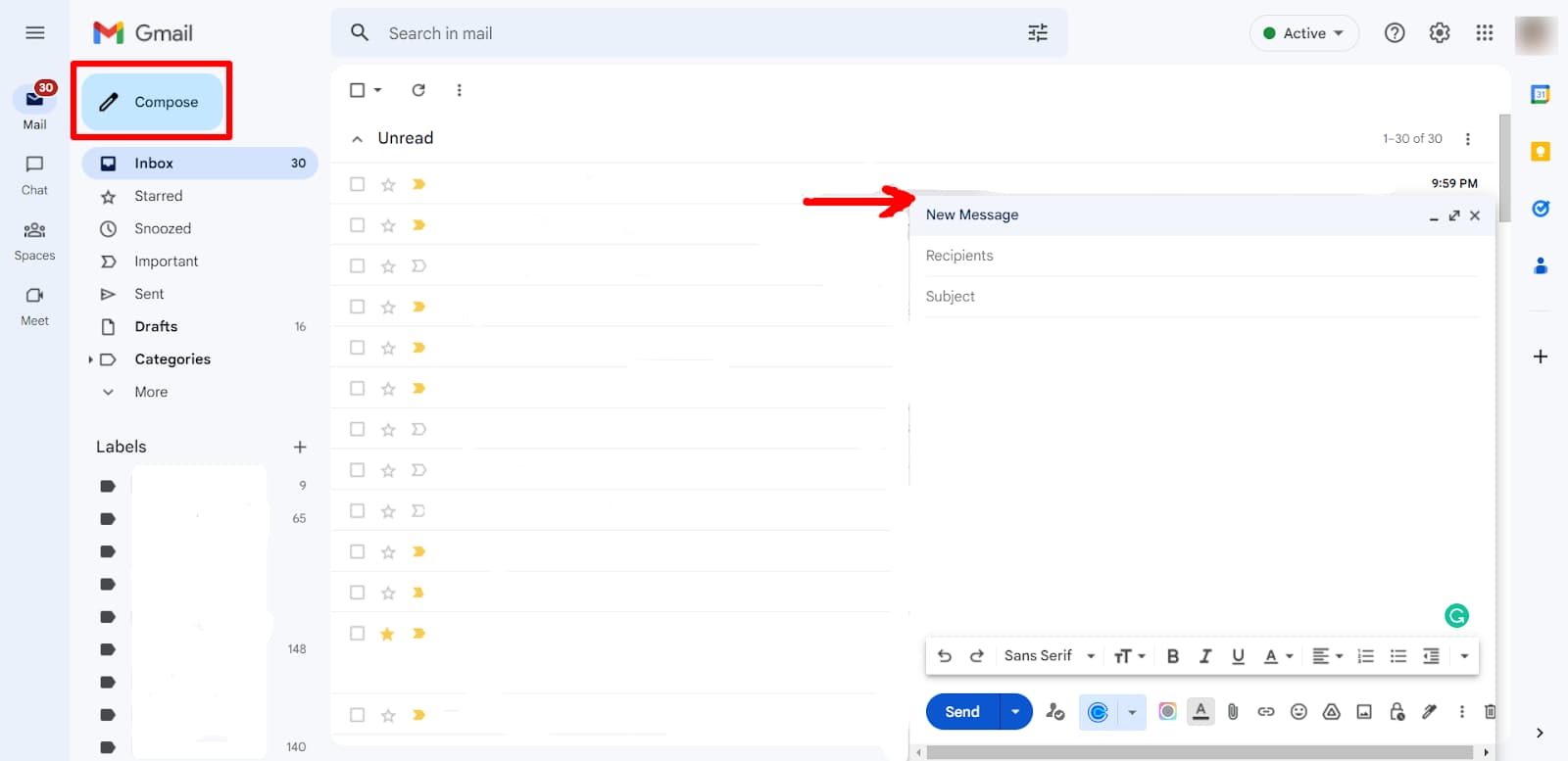 Gmail inbox with the Compose button and a new message window highlighted