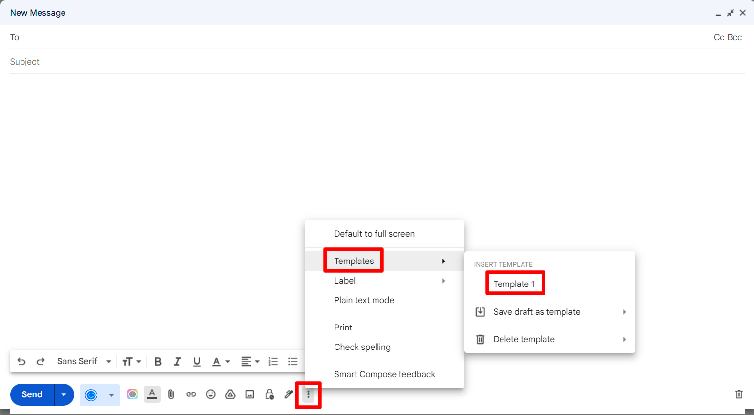 Gmail Templates submenu with Template 1 available to insert