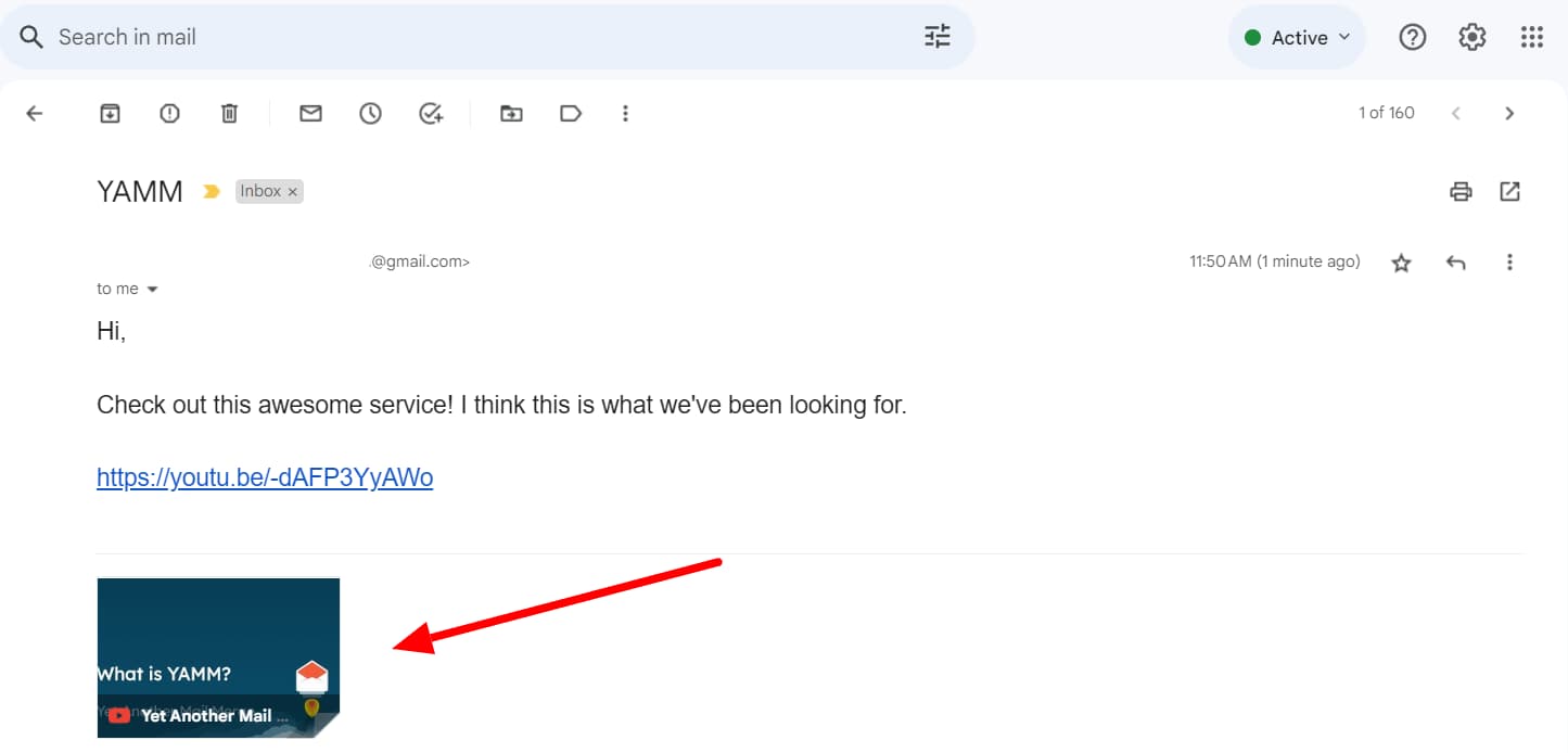 Received Gmail message containing a YouTube link and video-preview thumbnail.