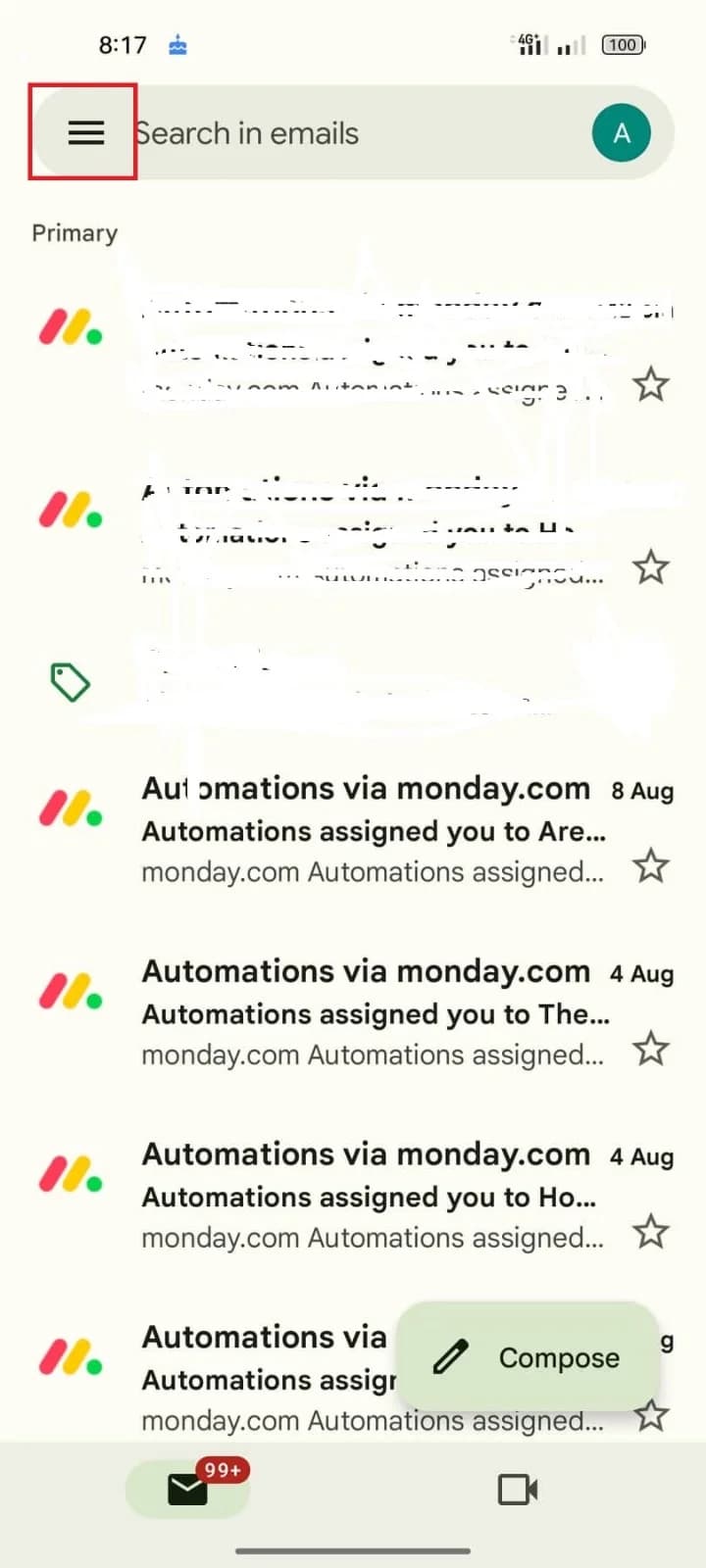 Gmail mobile inbox with the navigation menu highlighted.