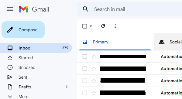 Gmail Primary inbox with the left navigation visible.