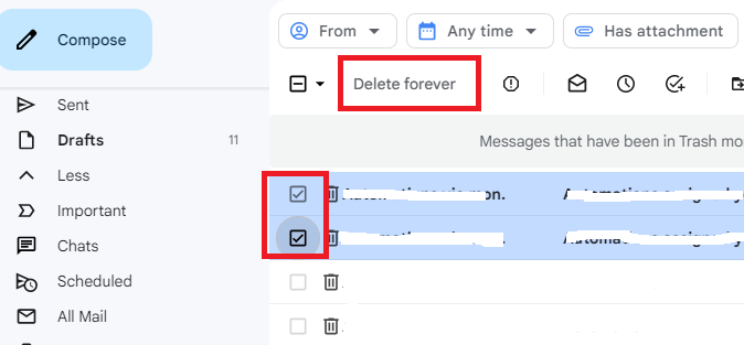 Gmail Trash with messages selected and Delete forever highlighted.