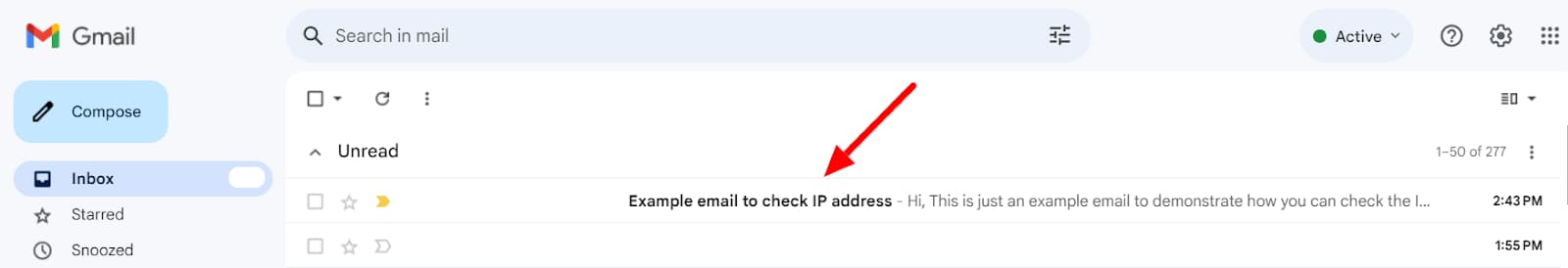 Gmail inbox with an example message selected for checking the sender’s IP address