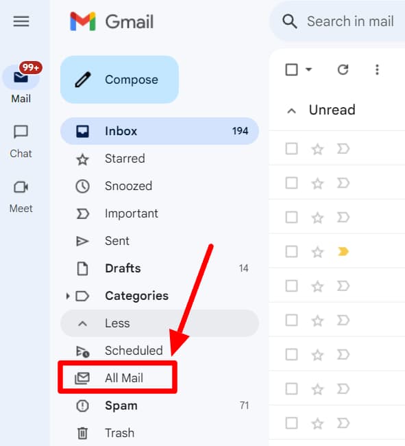 Expanded Gmail sidebar with All Mail highlighted