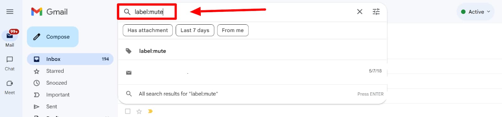 Gmail search bar using label:mute to find muted conversations
