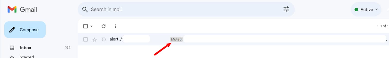 Gmail search result showing the Muted label on a conversation
