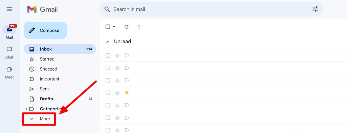 Gmail sidebar with More highlighted