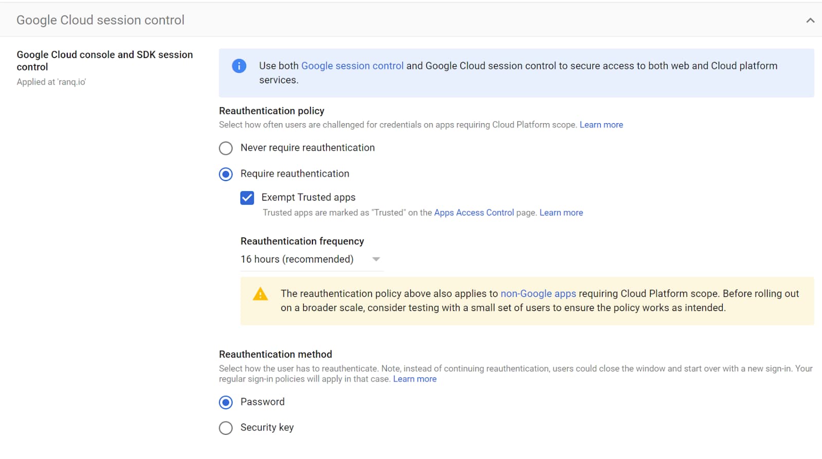 Google Cloud session controls with Require reauthentication selected and a 16-hour frequency.