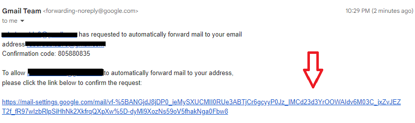 A Gmail forwarding confirmation email with an arrow pointing to the verification link.