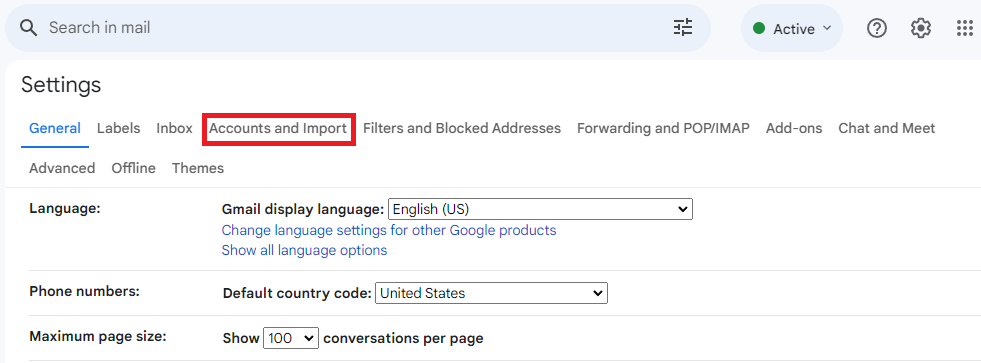 The Accounts and Import tab in Gmail settings is highlighted.