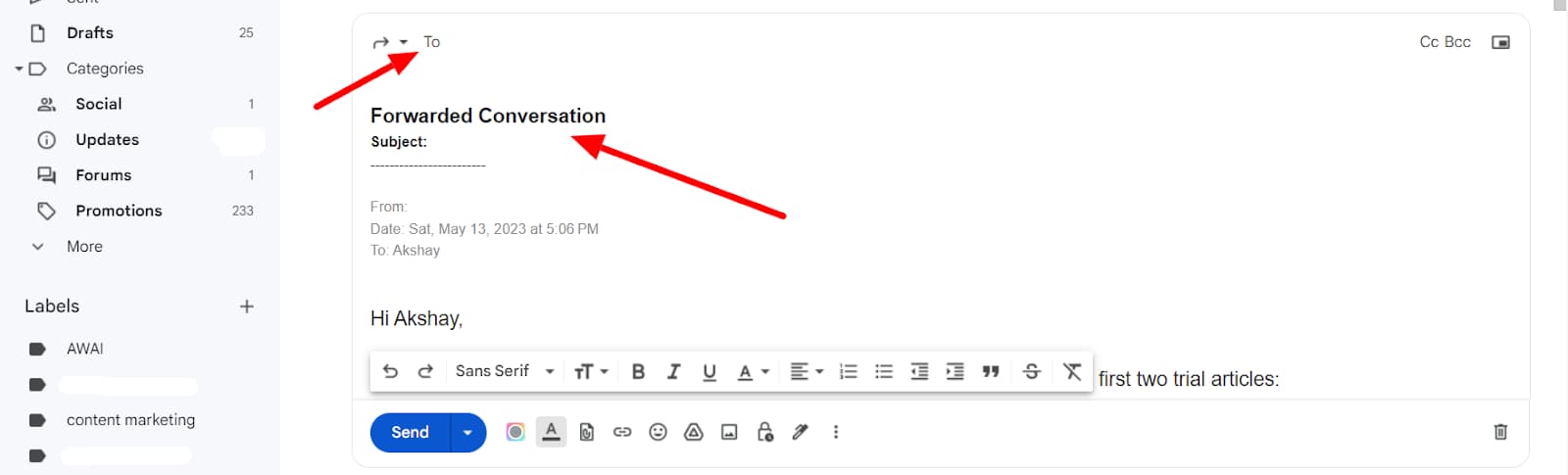 Gmail compose area showing the forwarded conversation.