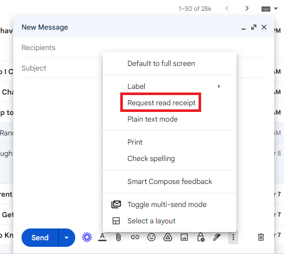 Gmail compose menu with Request read receipt highlighted.