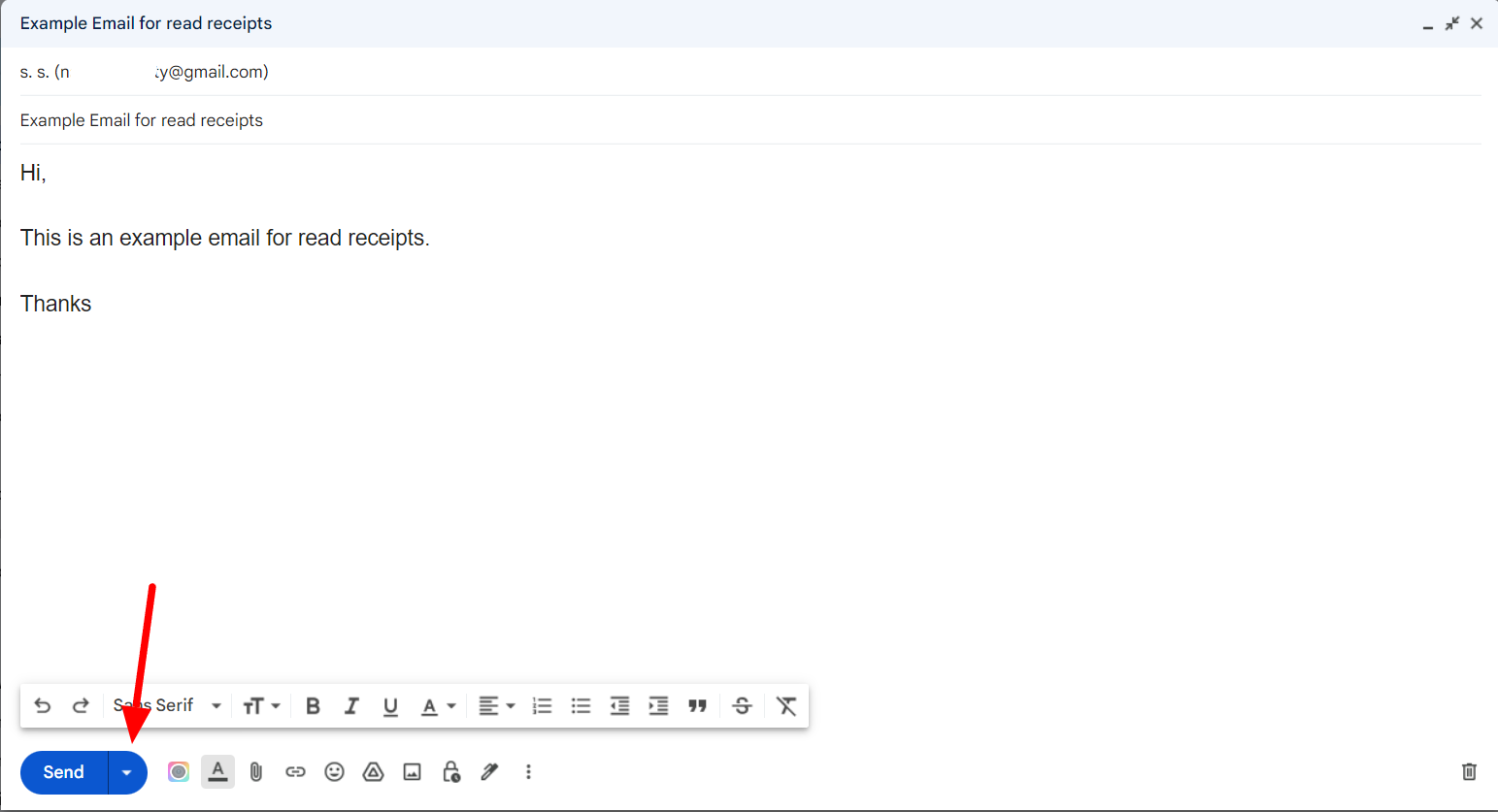 Gmail draft containing an example read-receipt email and the Send button indicated.