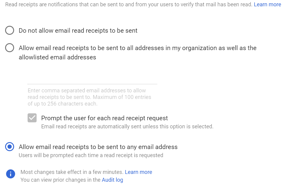 Google Admin read-receipt policy with sending to any email address selected.