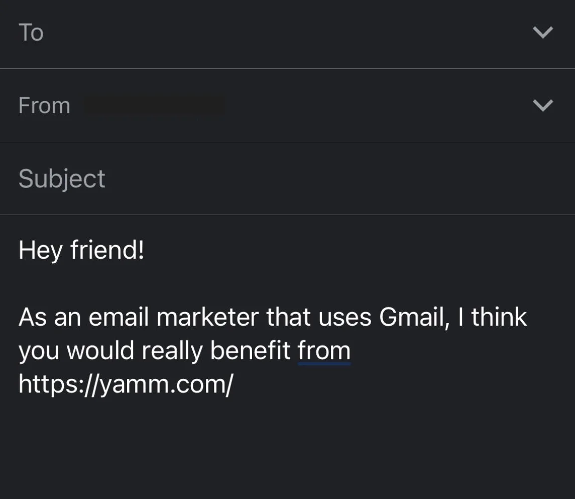 A Gmail mobile draft contains the typed URL https://yamm.com/.