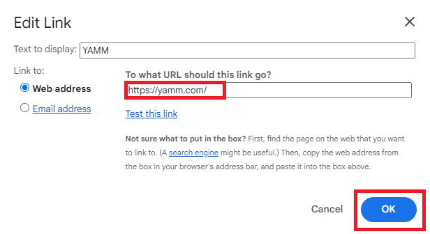 The Edit Link dialog links the display text YAMM to https://yamm.com/.