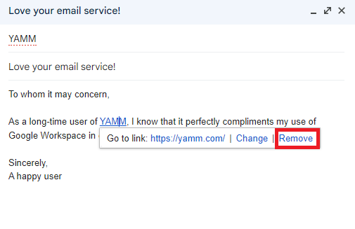 The link popover highlights Remove to delete the hyperlink.