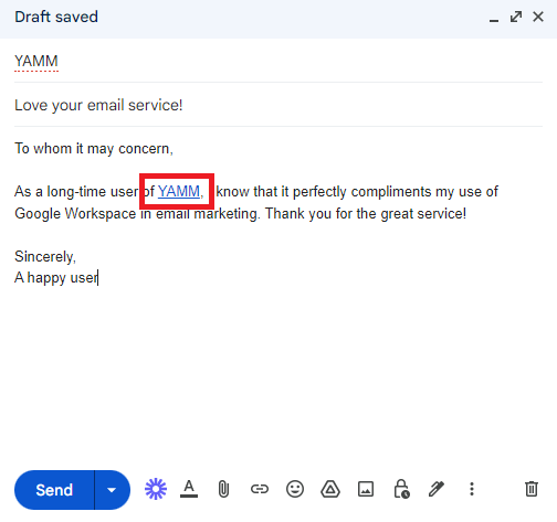 YAMM appears as a blue underlined hyperlink in the message.