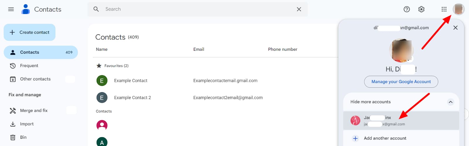 Google Contacts account switcher with another account indicated.