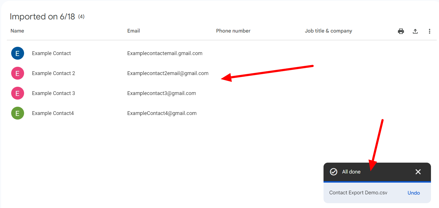 Google Contacts showing four imported contacts and an All done confirmation for the CSV import.