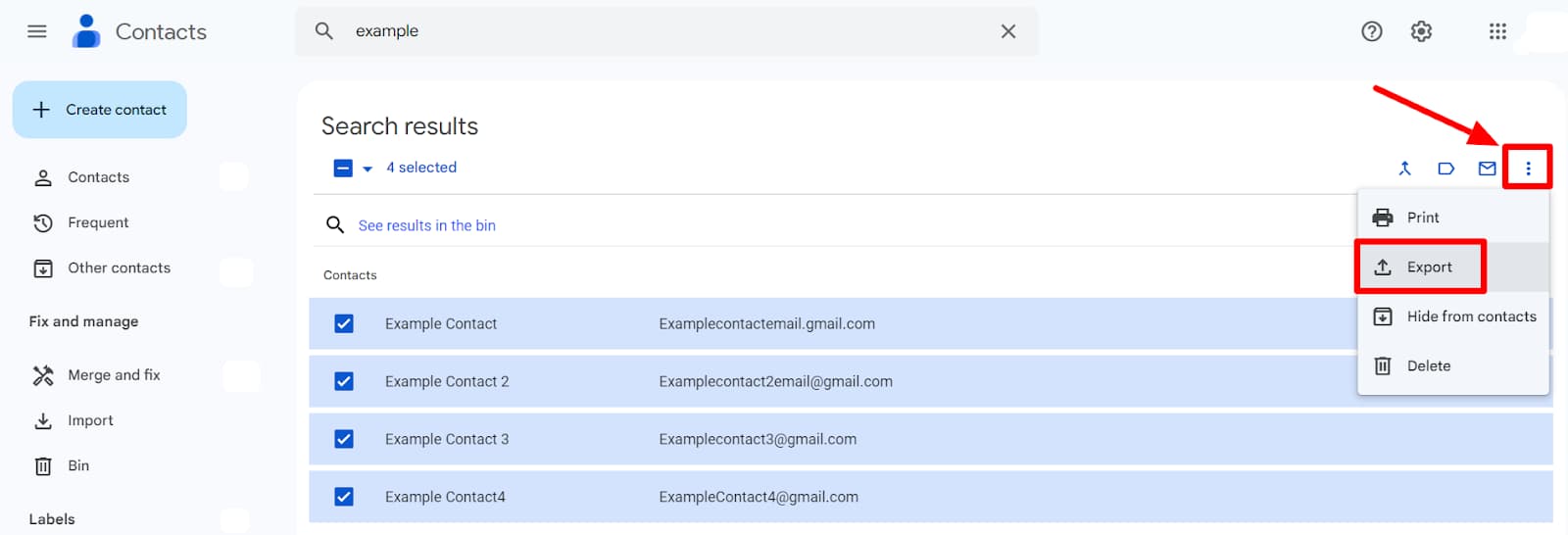 Google Contacts with selected contacts and Export highlighted in the More actions menu.