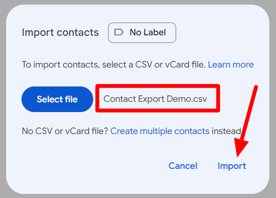 Import contacts dialog with Contact Export Demo.csv selected and the Import button highlighted.