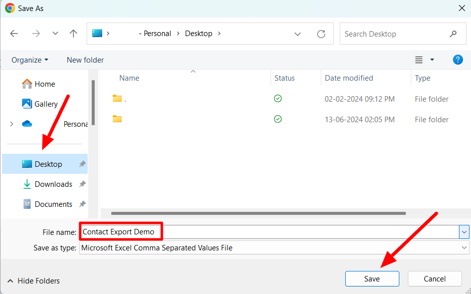 Save As dialog saving Contact Export Demo.csv to the Desktop.