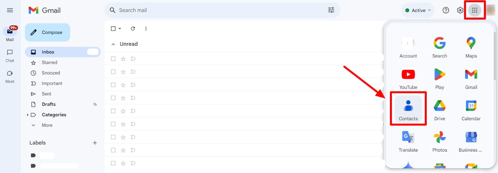 Gmail Google apps menu with Contacts highlighted.
