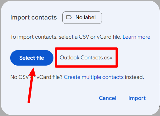 Google Contacts import dialog with Outlook Contacts.csv selected.