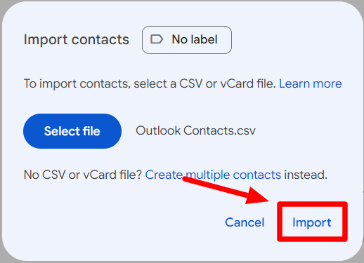 Google Contacts import dialog with the Import button highlighted.