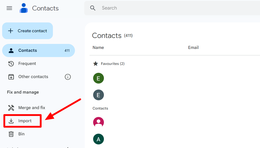 Google Contacts sidebar with Import highlighted.