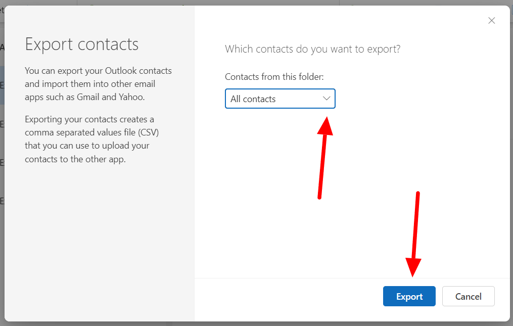 Outlook Export contacts dialog set to All contacts.