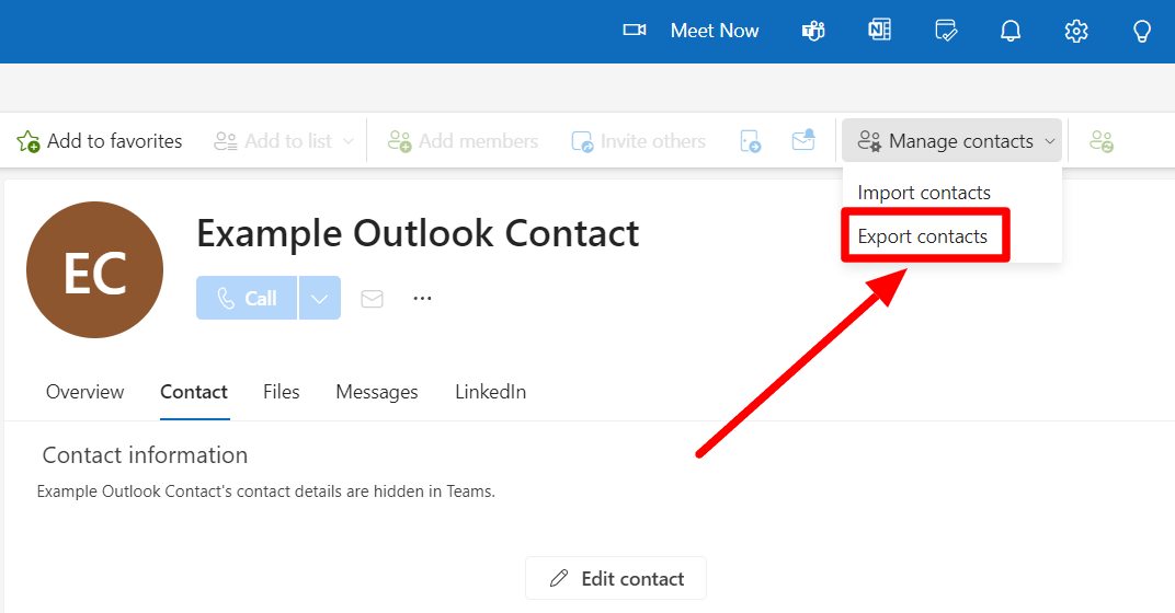 Outlook Manage contacts menu with Export contacts highlighted.