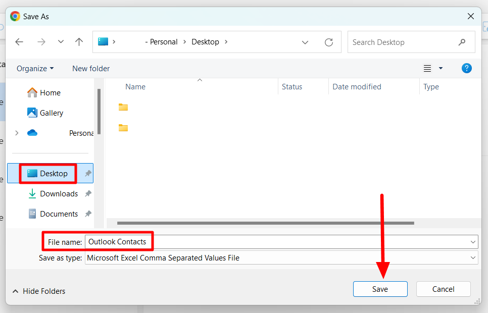 Save As dialog saving Outlook Contacts as a CSV file on the Desktop.
