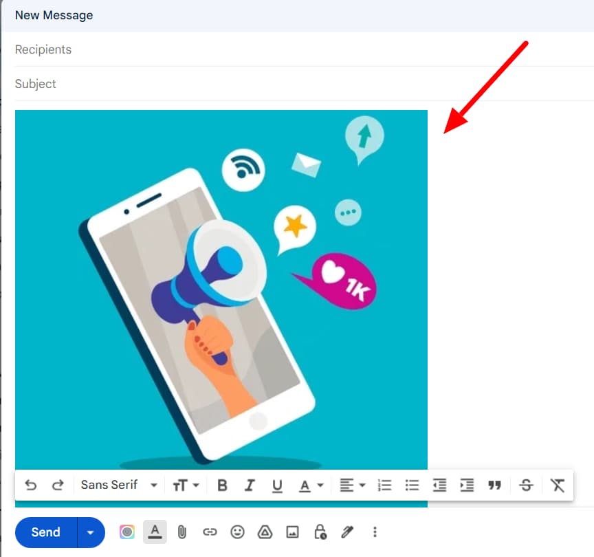 Gmail draft containing a colorful illustration of a phone, megaphone, and social notifications.