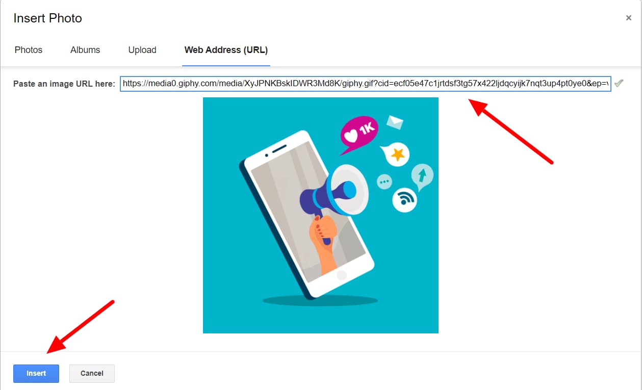 Gmail Insert Photo dialog previewing an image from a pasted URL, with Insert indicated.