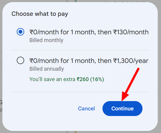 Google One payment-frequency dialog with monthly and annual options.
